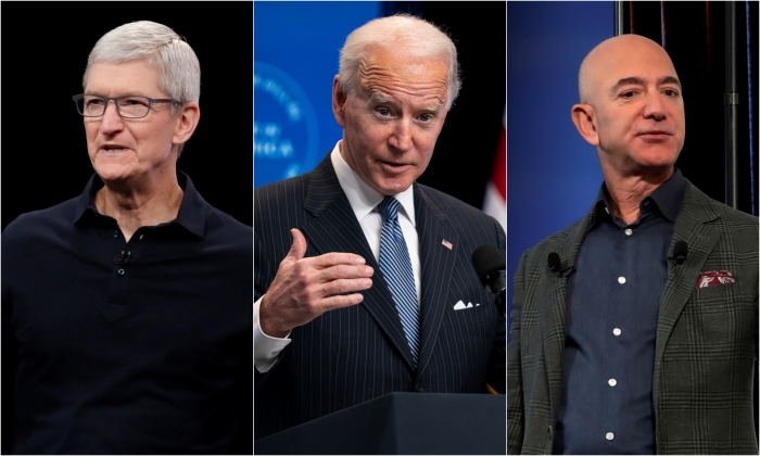 바이든 시대를 맞아 가장 돋보이는 '이상한' 기업은 애플과 아마존이다. (왼쪽부터) 팀쿡 애플 CEO, 바이든 미 대통령, 제프 베이조스 아마존 CEO. AP/뉴시스