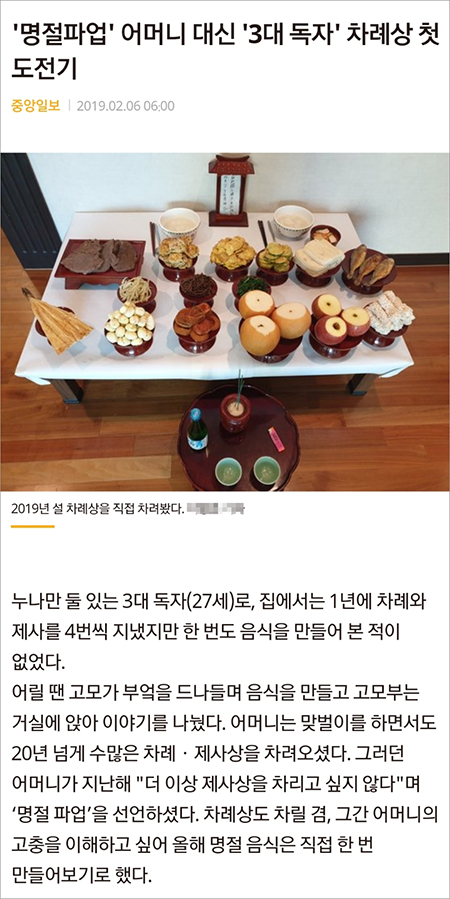 조작 논란에 휩싸인 중앙일보 '차례상 체험' 기사 일부. 모바일 화면 캡처