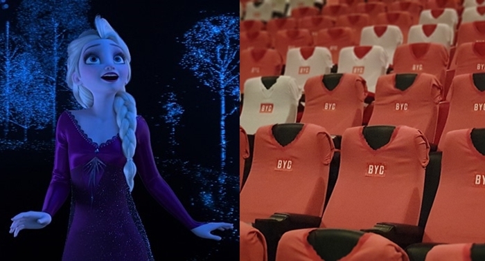 V라인 목선과 레이스 디자인이 특징인 영화 속 엘사(왼쪽)의 드레스 느낌을 반영했다. 네이버 무비. CGV 페이스북